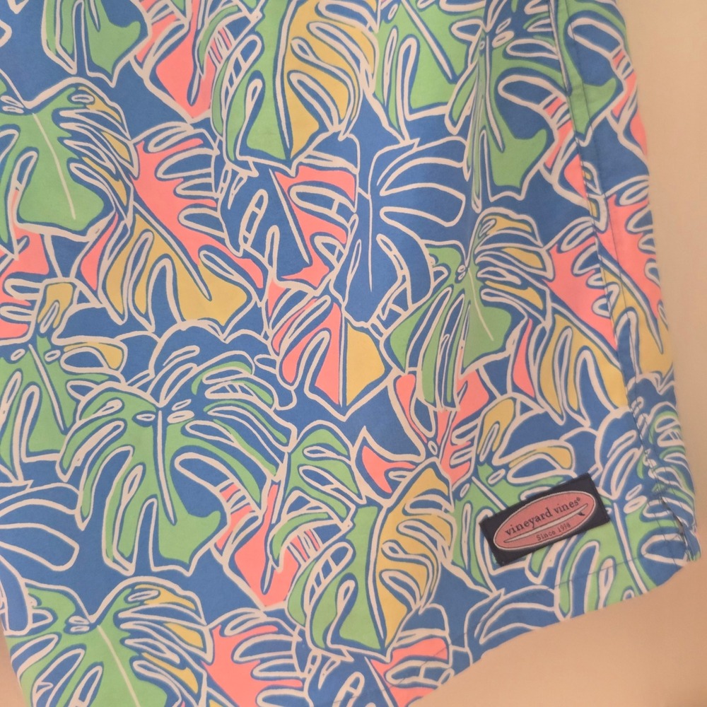 Vineyard Vines Mens Tropical Monstera Leaf Print Swim Trunks Blue Pink Green XL - Picture 2 of 9